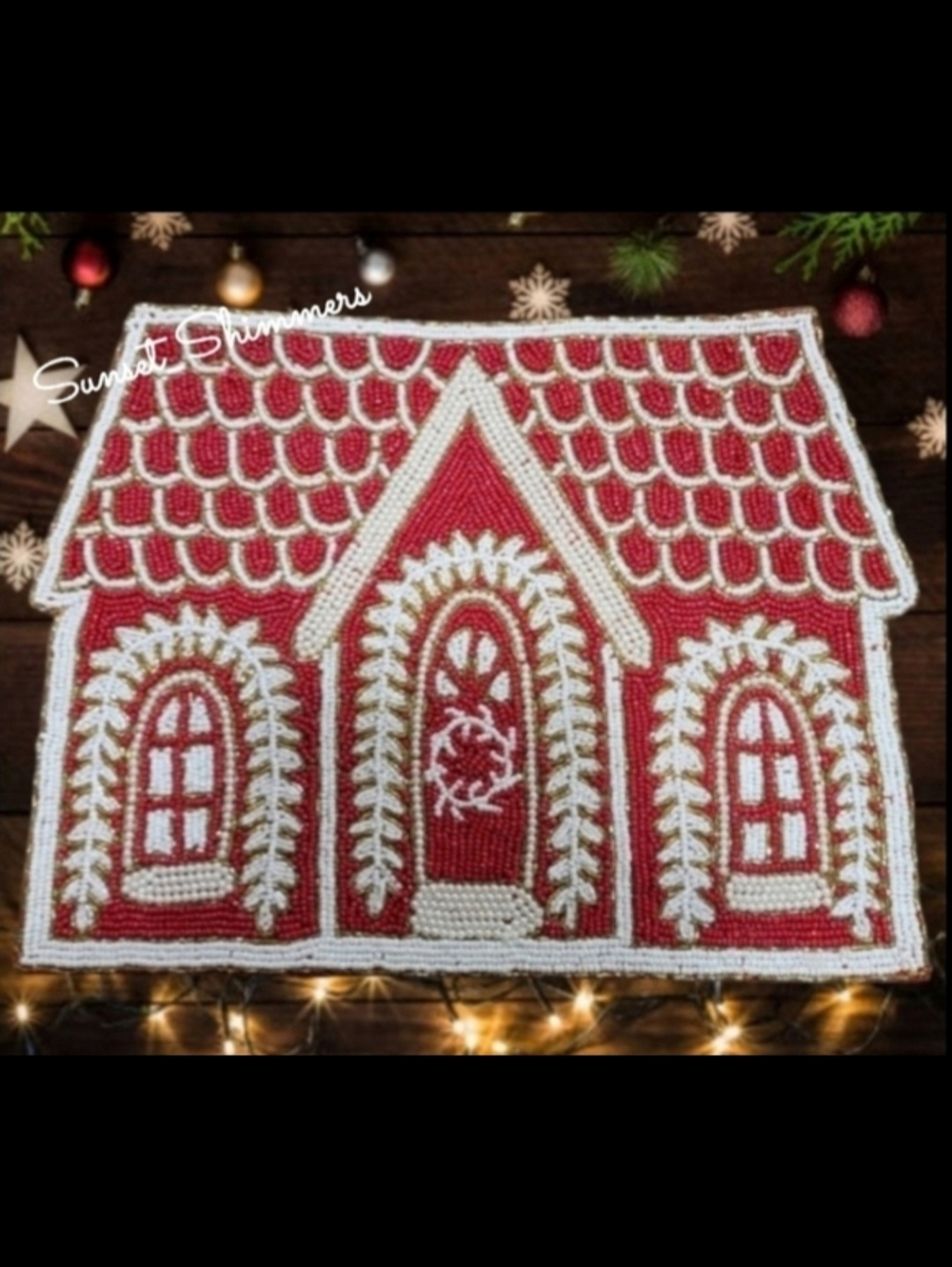 Beaded Gingerbread House Christmas Placemat Centerpiece Charger Alpine Chalet